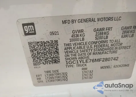 2021 Chevrolet Silverado 2500Hd 4Wd Long Bed Wt из США, поврежденный, VIN 1GC1YLE76MF280742